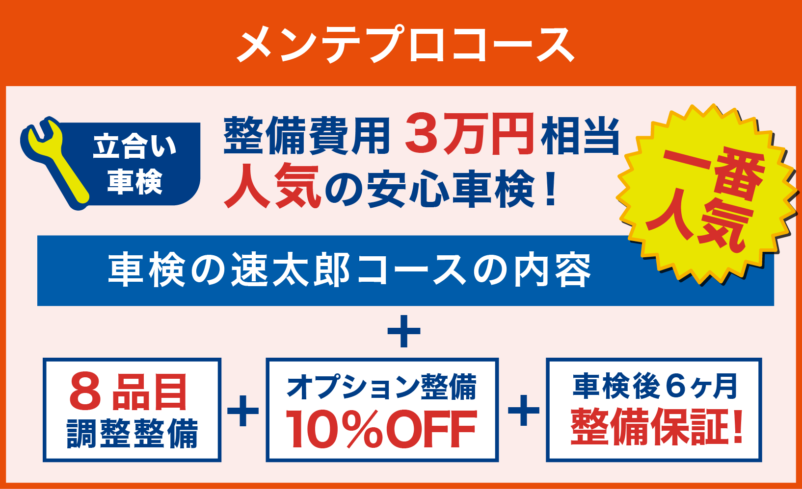 一番人気 メンテプロコース 検査費用3万円相当、人気の安心車検！車検の速太郎コースの内容＋10品目調整整備＋オプション整備10%OFF＋車検後6ヶ月整備保証!