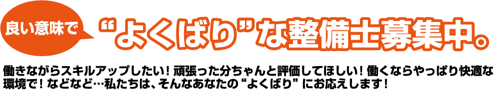 良い意味で“よくばり”な整備士募集中。働きながらスキルアップしたい！頑張った分ちゃんと評価してほしい！働くならやっぱり快適な環境で！などなど…私たちは、そんなあなたの“よくばり”にお応えします！